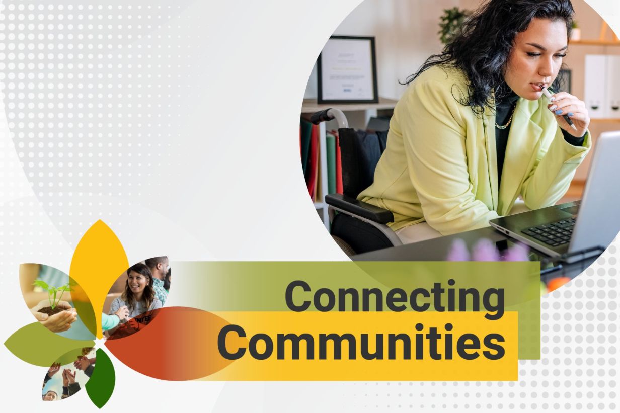 Connecting Communities logo with a woman in a wheelchair looking at a laptop with a concerned look on her face