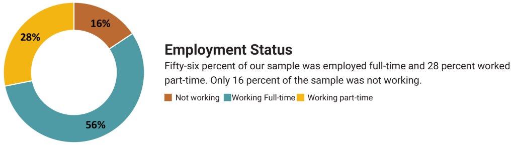 Circle graph showing employment status. Fifty-six percent of our sample was employed full-time and 28 percent worked part-time. Only 16 percent of the sample was not working. 