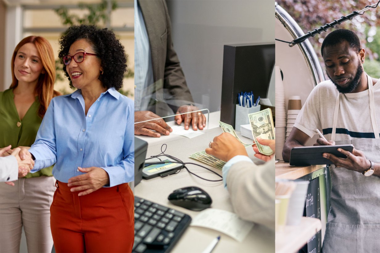 A picture collage of business owners making financial transactions. On far left two women shake hands, middle image a business owner makes a cash deposit at a bank, and feature right a mobile coffee shop owner on his tablet balancing his sales.