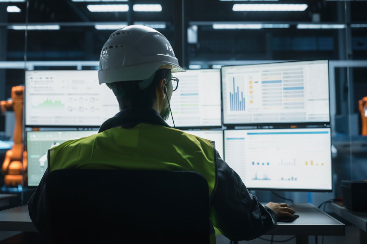 Backview of Caucasian Male Engineer Using Multi Monitor Workstation To Control Production Of Machinery on Autonomous Assembly Line With Robotic Arms