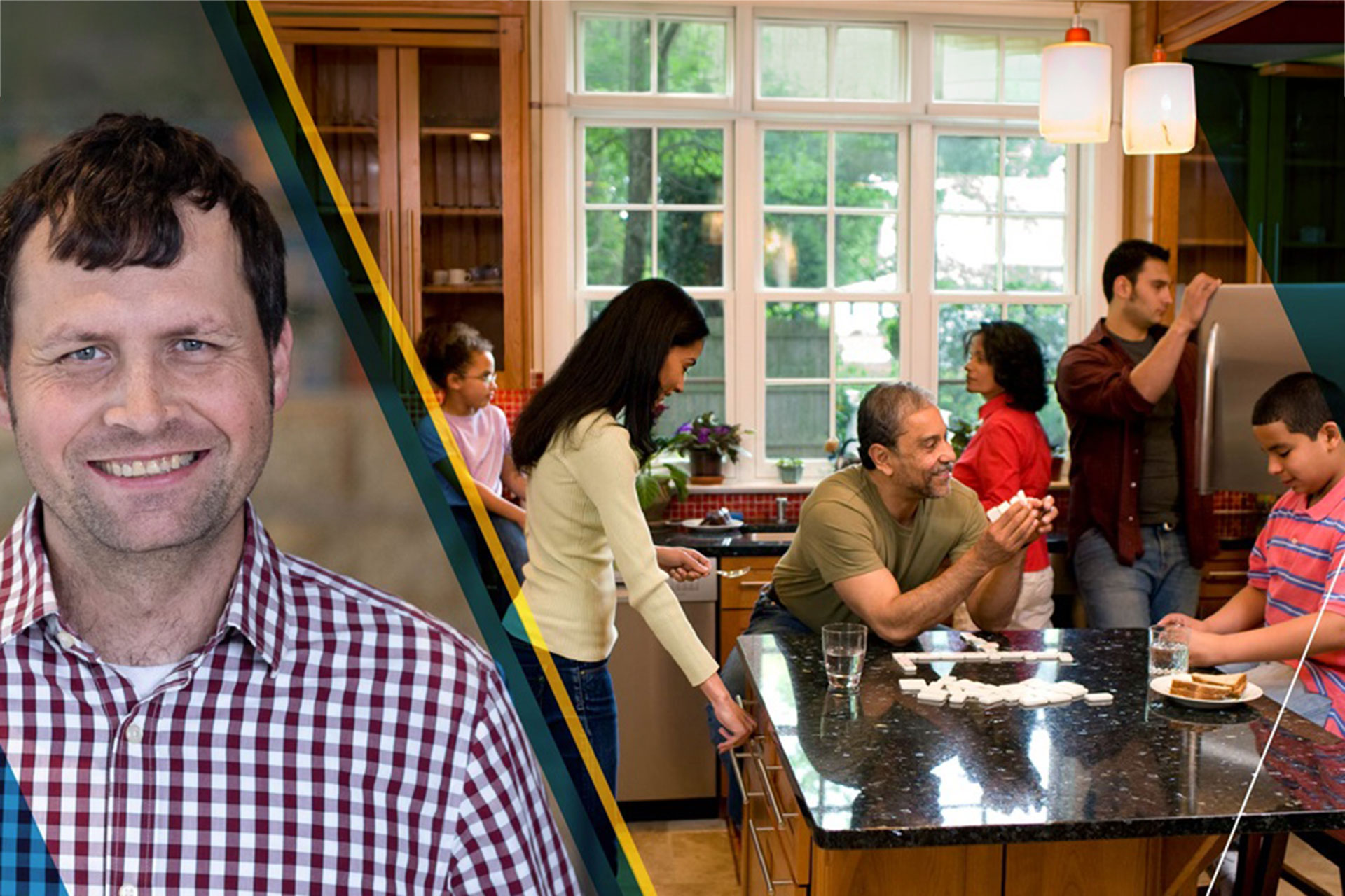 Erik Hembre next to an image of a family preparing dinner in a kitchen of a home.