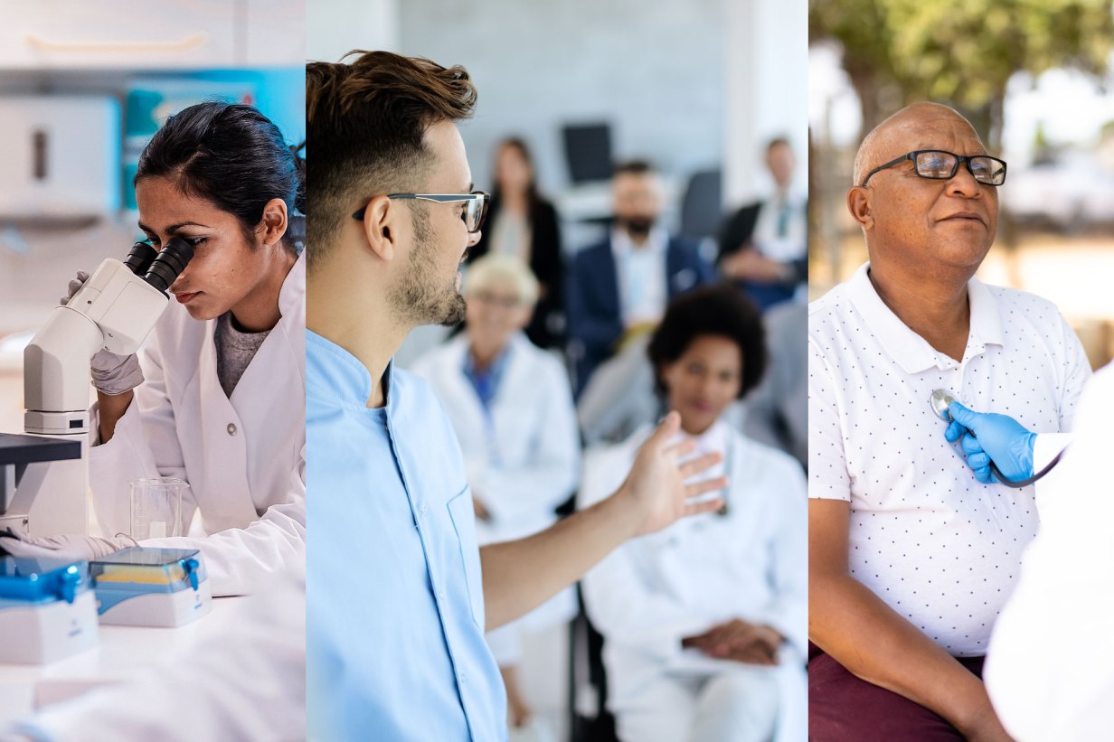 A woman looking into a microscope in a lab, a medical student addressing a crowd of physicians, and a person with a stethoscope to his chest during a home health visit.