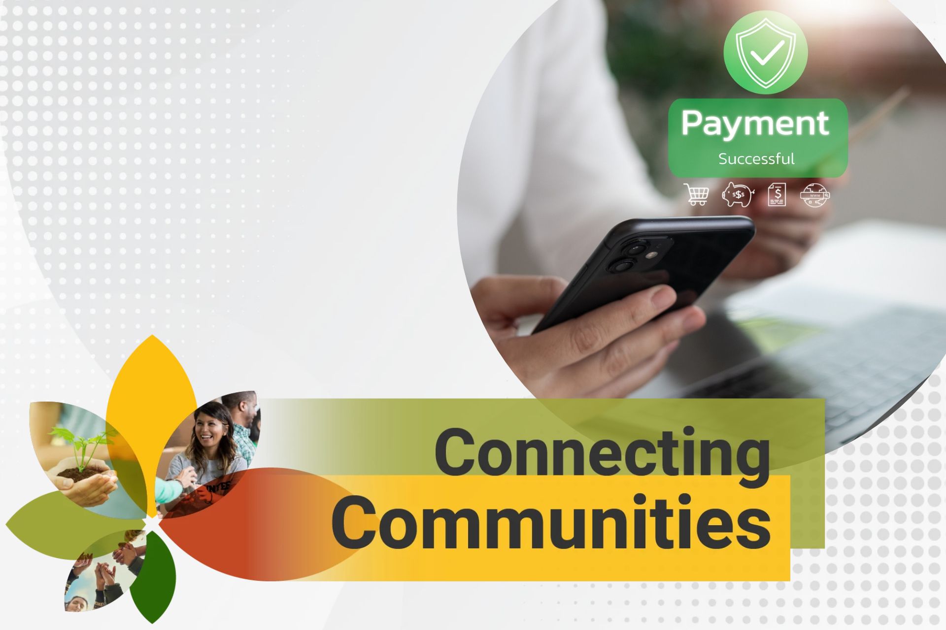 Photo of a person using their online device to process a digtal payment with banking graphics and a payment successful green check mark.