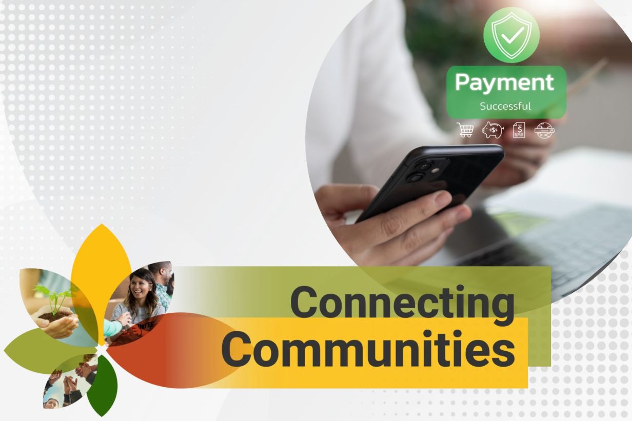 Photo of a person using their online device to process a digtal payment with banking graphics and a payment successful green check mark.